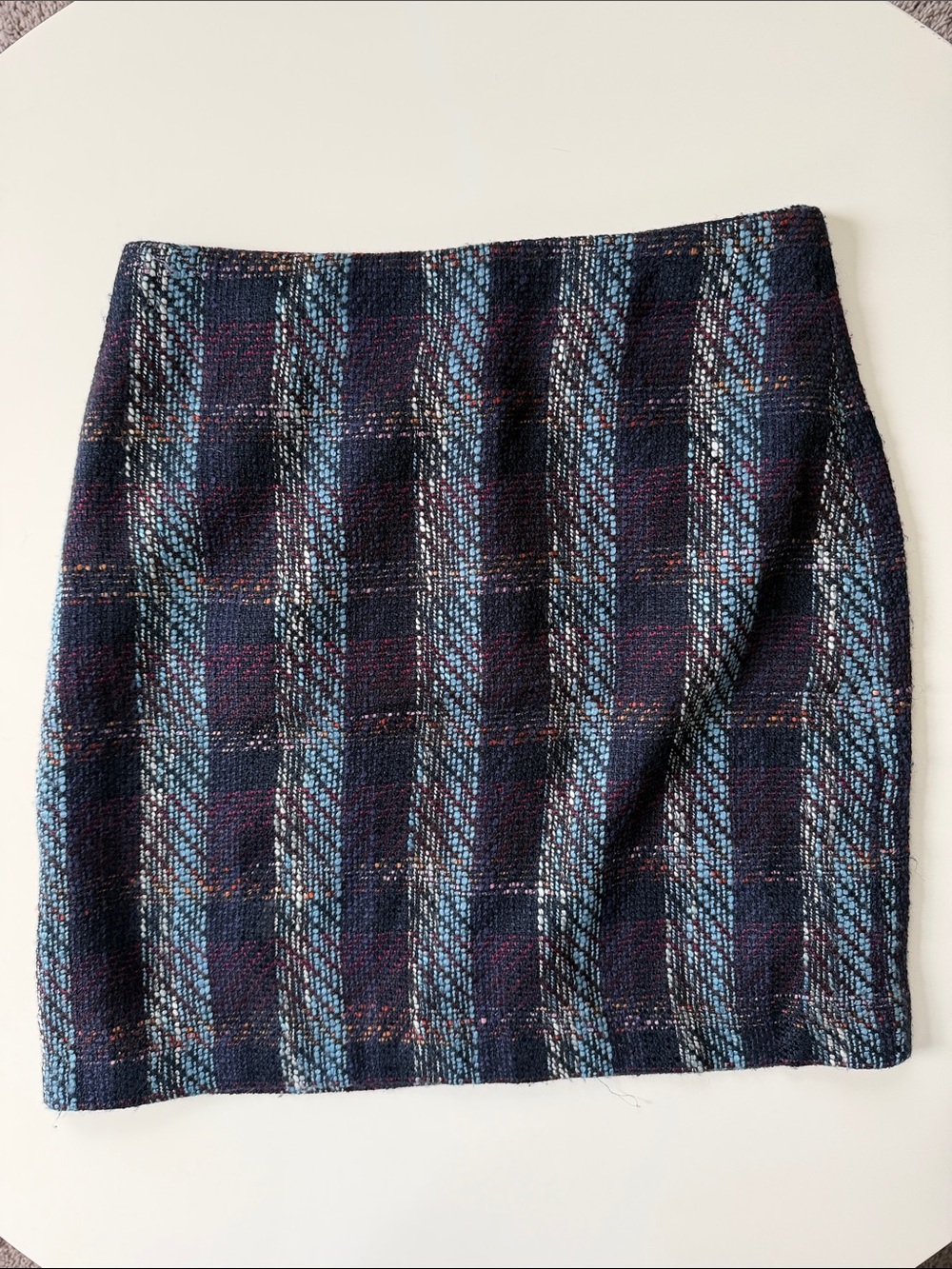 LOFT Navy Plaid Pencil Skirt with Teal Stripes
